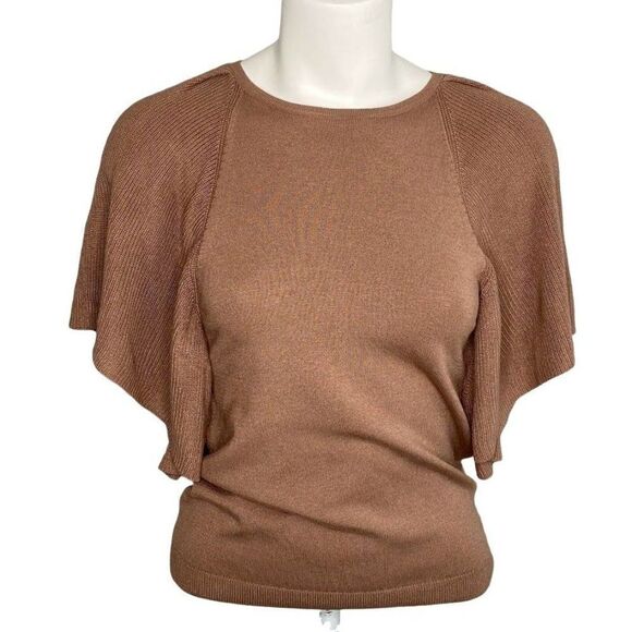Prologue Brown Mocha Short Flutter Sleeve Crewneck Sweater Top sz XS - Picture 1 of 9